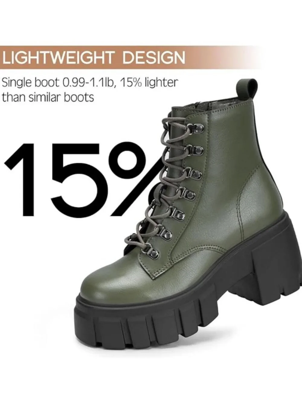 Women’s Dark Green Lightweight Lace Up Side Zipper High Heel Chunky Combat Boots - Picture 5 of 6